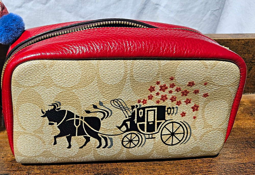 Coach Signature Canvas Red/Beige Leather Trim Horse & Carriage Zip Makeup Bag